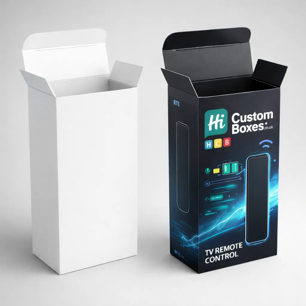 Two upright cardboard boxes with open top flaps, featuring one plain white and one branded black.